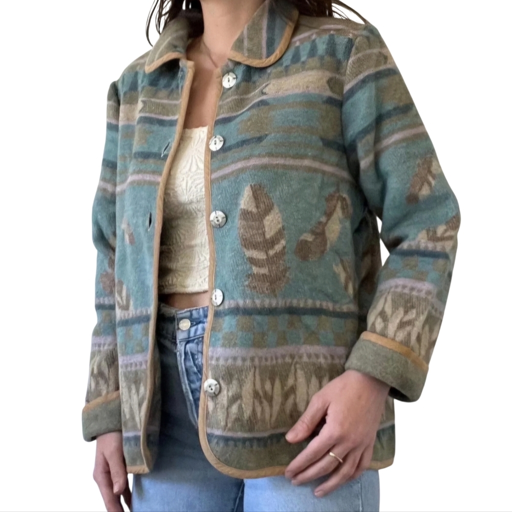 COLDWATER CREEK Western barn jacket M green EUC wool coat cowgirl EUC feather